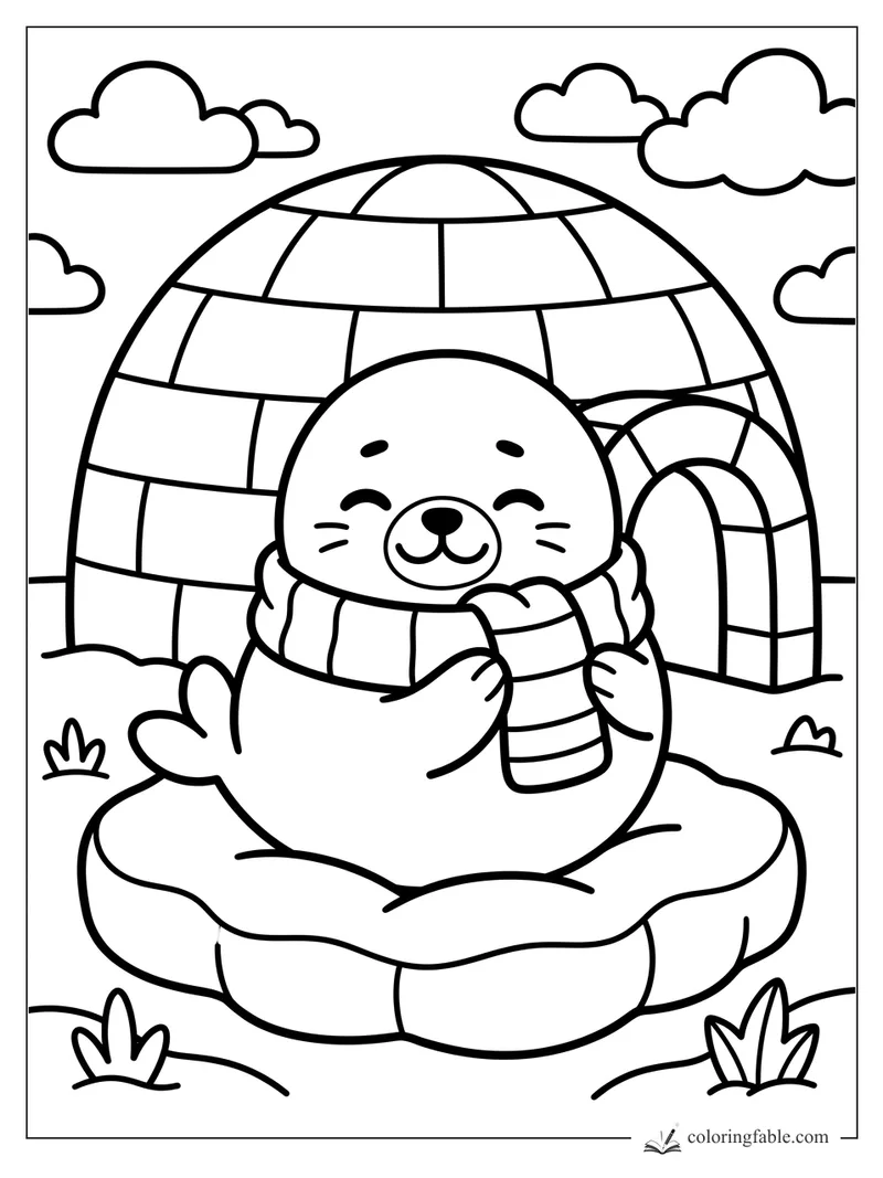 Smiling seal in a striped scarf sitting on an ice floe in front of an igloo and clouds