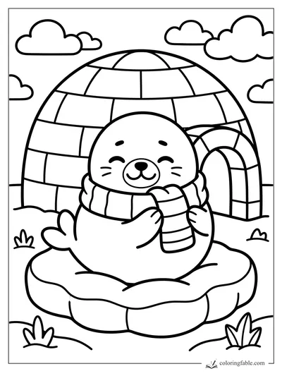 Smiling seal in a striped scarf sitting on an ice floe in front of an igloo and clouds