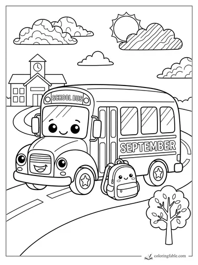 Kawaii September school bus with a backpack, school building, sun, clouds, and small tree.
