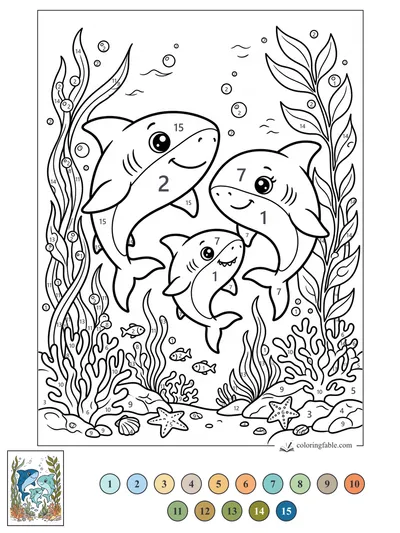 Smiling Shark Family in a Kelp Garden — color by number