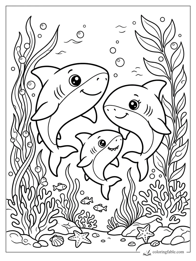 Kawaii shark family swimming among kelp, bubbles, coral, small fish, shells, and starfish.