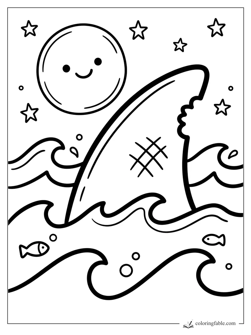 Easy coloring page of a shark fin in waves with a smiling moon, stars, fish, and bubbles