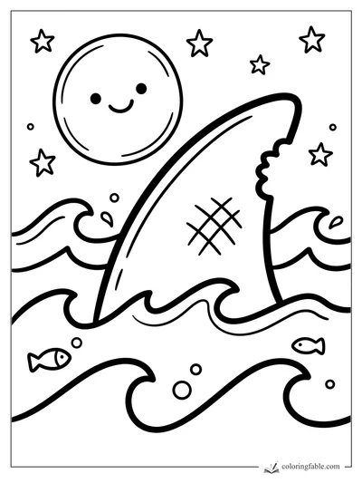 Easy coloring page of a shark fin in waves with a smiling moon, stars, fish, and bubbles