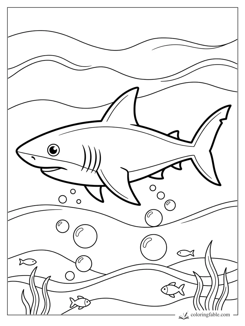 Easy shark coloring page with a smiling shark, ocean waves, bubbles, seaweed, and small fish.