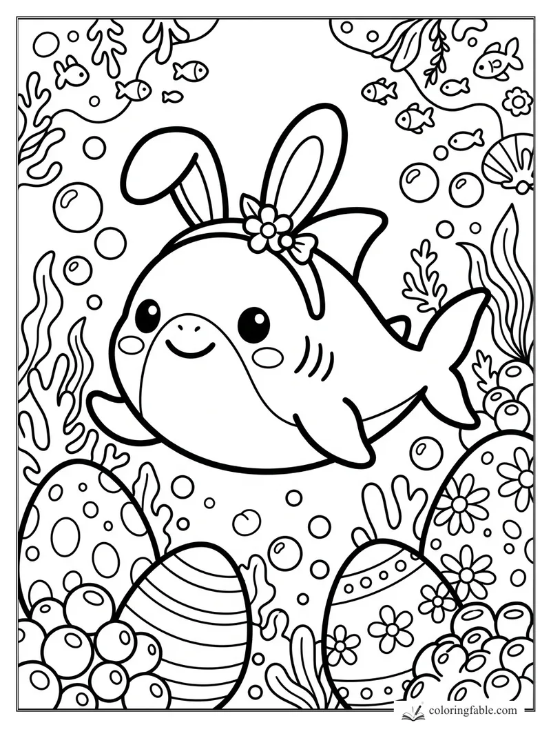 Kawaii shark wearing bunny ears swims among Easter eggs, bubbles, fish, coral, and seaweed.