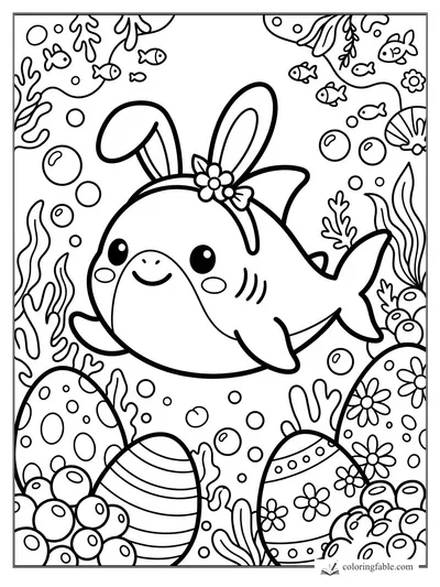 Kawaii shark wearing bunny ears swims among Easter eggs, bubbles, fish, coral, and seaweed.