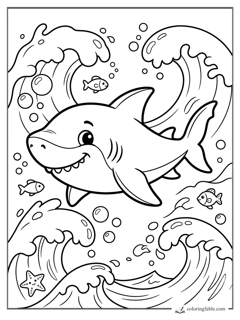 Cartoon smiling shark swimming through big curling waves with small fish, bubbles, and a starfish.