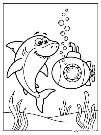 Cartoon shark smiling beside a small submarine with porthole, bubbles, seaweed, and sandy seafloor.