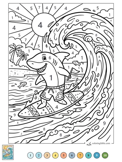 Smiling Shark Surfing a Giant Beach Wave — color by number