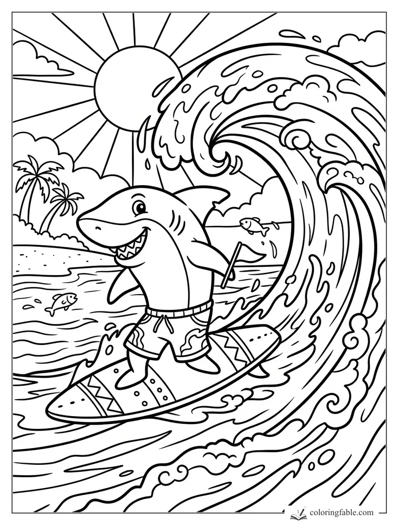 Cartoon shark in swim trunks surfing a huge curling wave by a sunny palm-lined beach