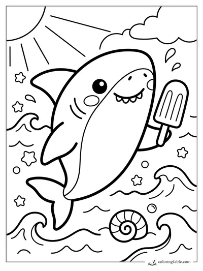 Kawaii shark holding a popsicle among waves, stars, sun rays, clouds, bubbles, and a spiral shell.