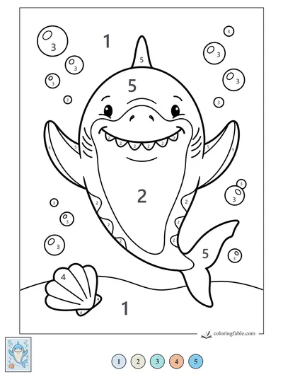 Smiling Shark With Bubbles and a Seashell — color by number