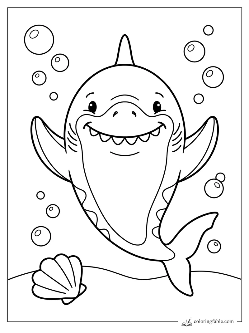 Cartoon smiling shark with raised fins, bubbles, and a seashell on the ocean floor.