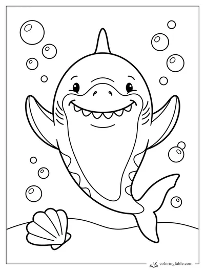 Cartoon smiling shark with raised fins, bubbles, and a seashell on the ocean floor.
