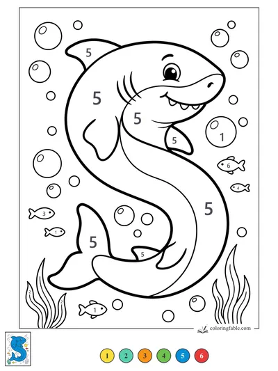 Smiling Shark with Bubbles and Little Fish — color by number