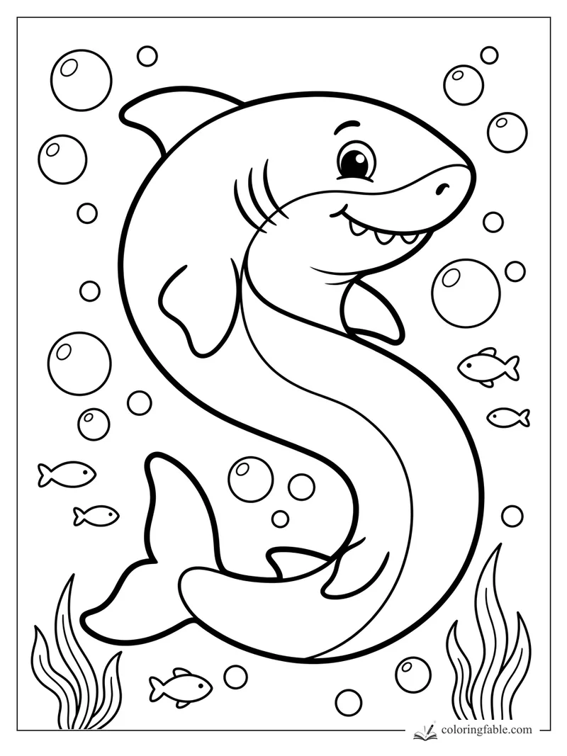 Smiling cartoon shark curling through bubbles with tiny fish and sea plants