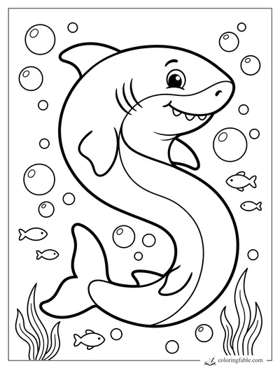 Smiling cartoon shark curling through bubbles with tiny fish and sea plants