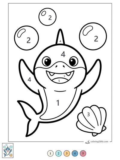 Smiling Shark with Bubbles and Shell — color by number