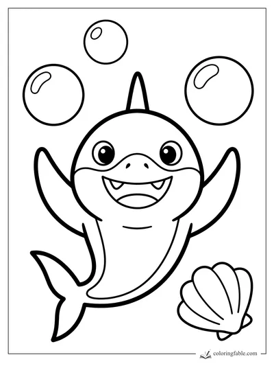 Happy cartoon shark with raised fins, three bubbles, and a scallop shell coloring page