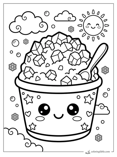 Kawaii shaved ice cup with ice cubes, spoon, smiling sun, clouds, bubbles, and snowflakes.
