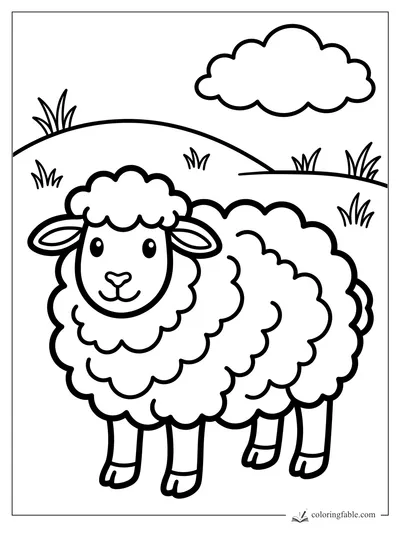 Easy coloring page of a smiling sheep with fluffy wool, grass tufts, rolling hills, and one cloud.
