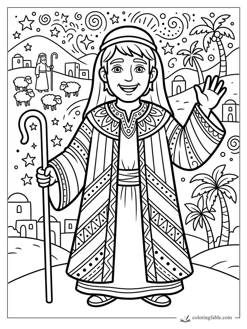 Cartoon shepherd boy waving with staff, sheep, palm trees, village hills, and swirling stars