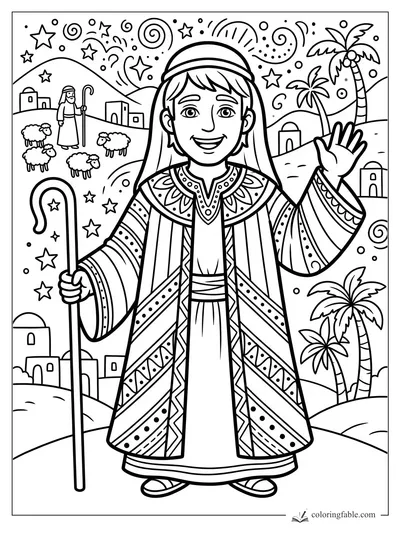 Cartoon shepherd boy waving with staff, sheep, palm trees, village hills, and swirling stars