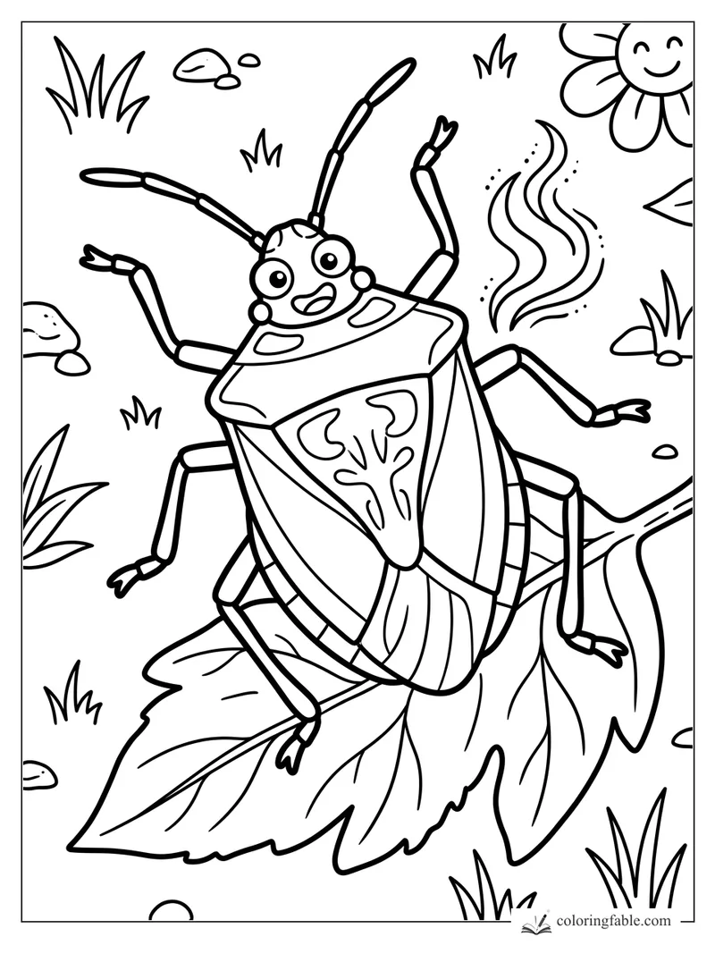 Cartoon shield bug smiling on leaves with antennae, wavy scent lines, grass, rocks, and a happy flower sun