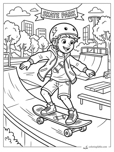 Cartoon boy skateboarding on a half-pipe at a city skate park with helmet, ramps, trees, and banner.