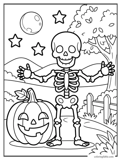 Easy skeleton coloring page with jack-o’-lantern, stars, moon, tree, hills, and fence.