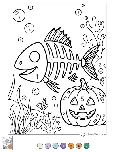 Smiling Skeleton Fish with Underwater Jack-o’-Lantern — color by number