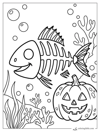 Smiling skeleton fish swims past bubbles, coral, seaweed, and an underwater jack-o’-lantern.