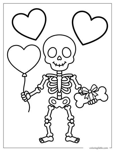 Cartoon skeleton holding a heart balloon and a bow-tied bone, with two hearts floating above.