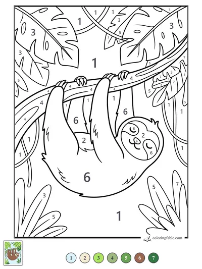 Smiling Sloth Hanging Beneath Jungle Leaves — color by number