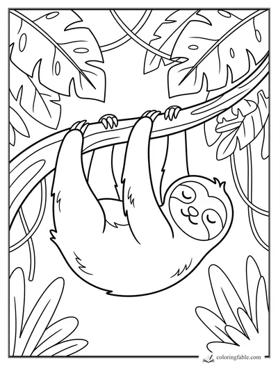 Cartoon sloth hanging upside down from a curved jungle branch with vines and large tropical leaves.