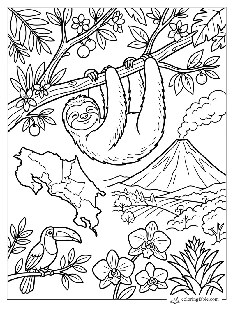 Smiling sloth hanging from a rainforest branch with toucan, orchids, volcano, and Costa Rica map