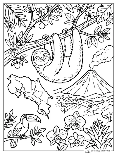 Smiling sloth hanging from a rainforest branch with toucan, orchids, volcano, and Costa Rica map