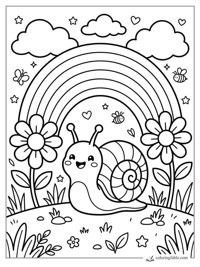 Kawaii snail with a spiral shell under a rainbow, between tall flowers, clouds, bees, hearts, and stars.