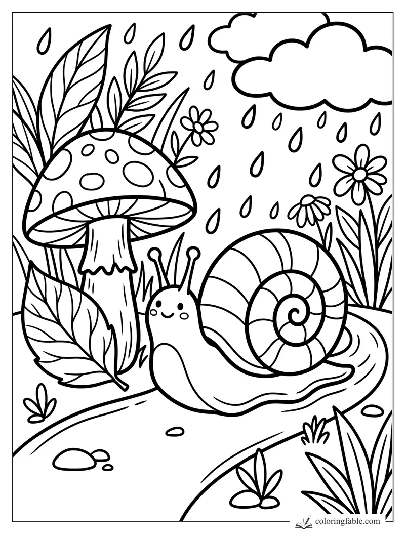 Smiling snail with spiral shell under a spotted mushroom, flowers, leaves, raindrops, and clouds.