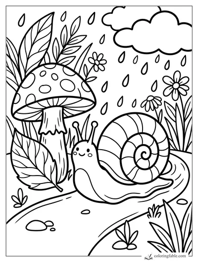 Smiling snail with spiral shell under a spotted mushroom, flowers, leaves, raindrops, and clouds.