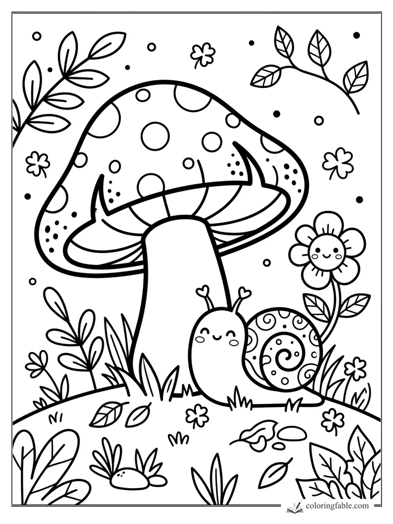 Kawaii snail resting under a spotted mushroom with flowers, leaves, grass, and floating dots