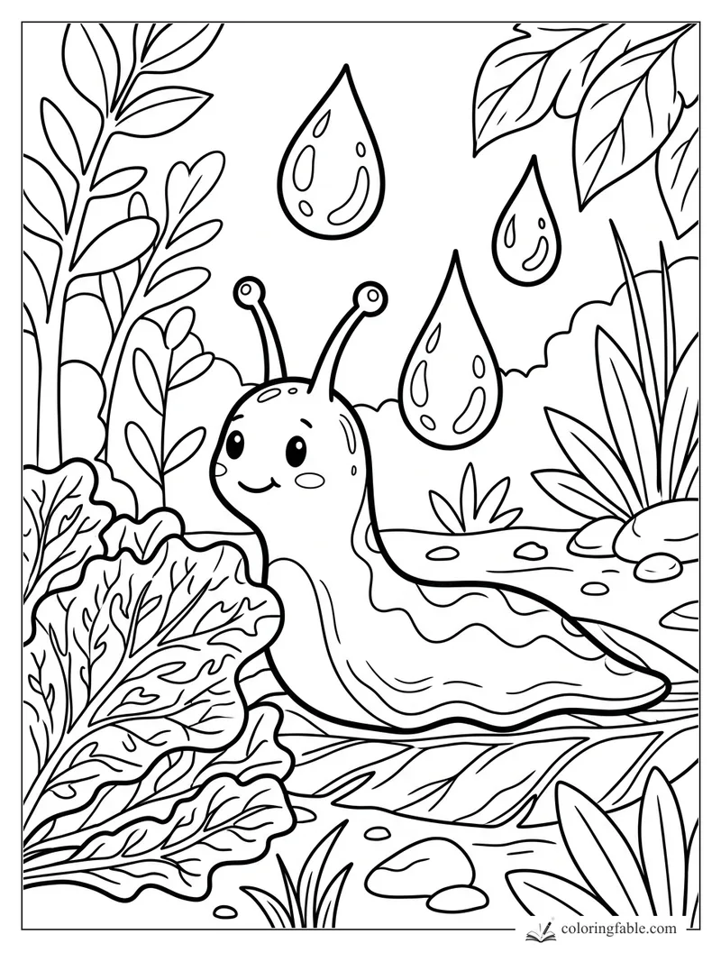 Cartoon snail smiling among leafy garden plants and oversized falling raindrops