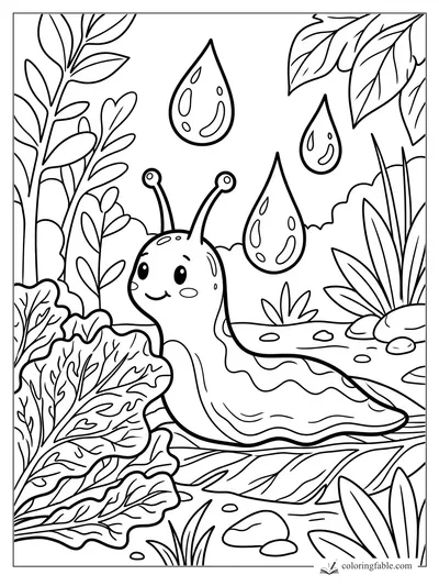 Cartoon snail smiling among leafy garden plants and oversized falling raindrops