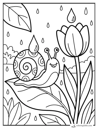 Easy garden coloring page of a smiling snail on a leaf beside tulips and falling raindrops.