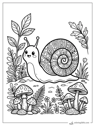 Kawaii snail with an engraved spiral shell among leafy plants, mushrooms, flowers, and pebbles.