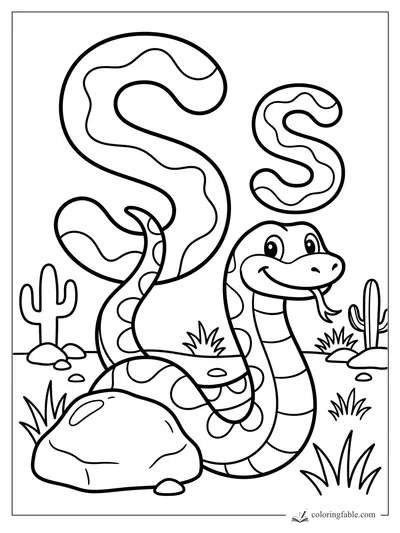 Cartoon snake beside uppercase and lowercase S letters in a cactus desert scene