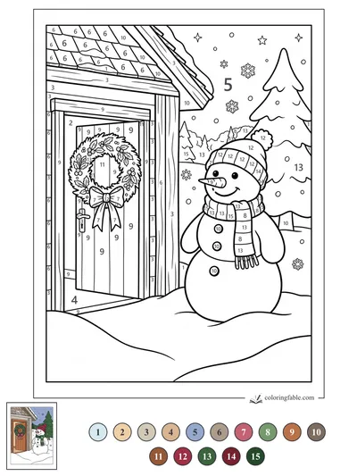 Smiling Snowman by the Wreath Door — color by number
