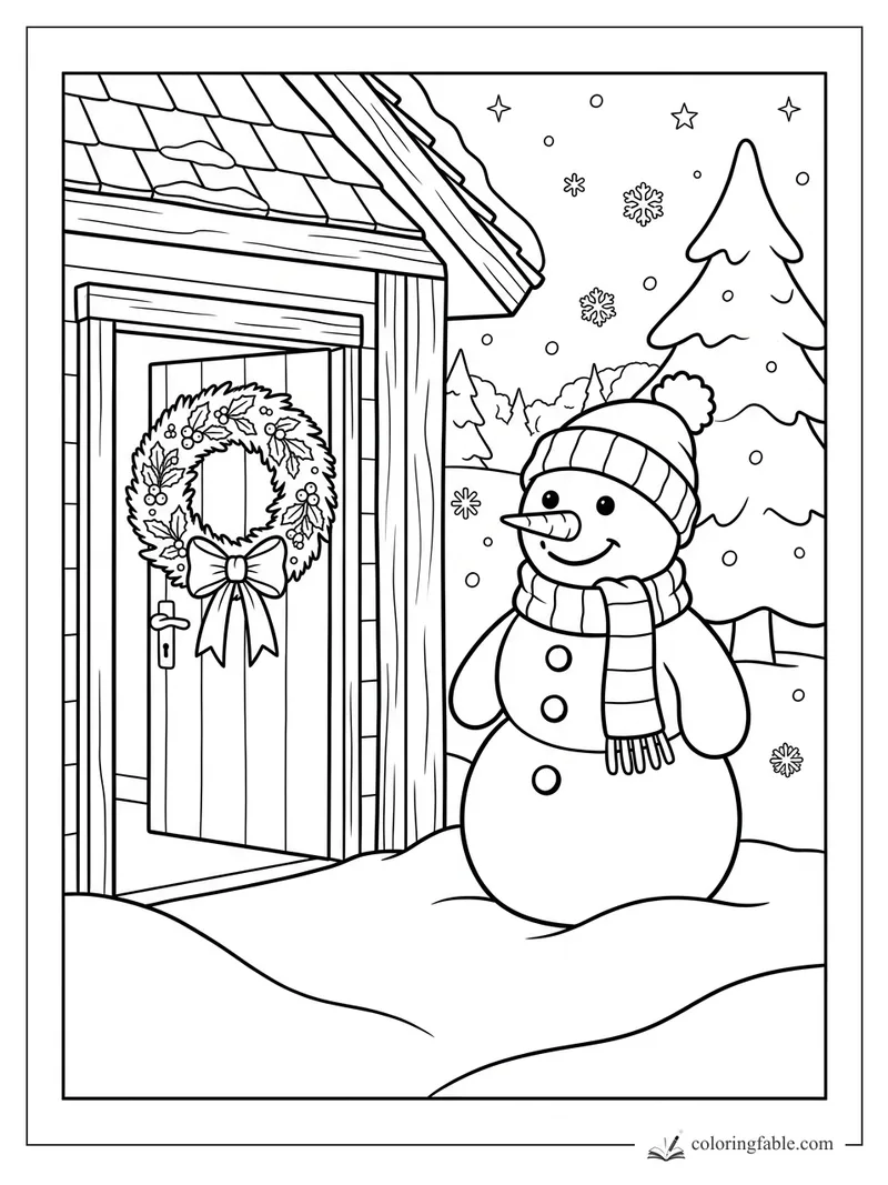 Realistic snowman in hat and scarf beside a cabin door with a holiday wreath, pine tree, and falling snow