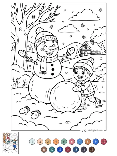 Smiling Snowman Helps Roll a Giant Snowball — color by number
