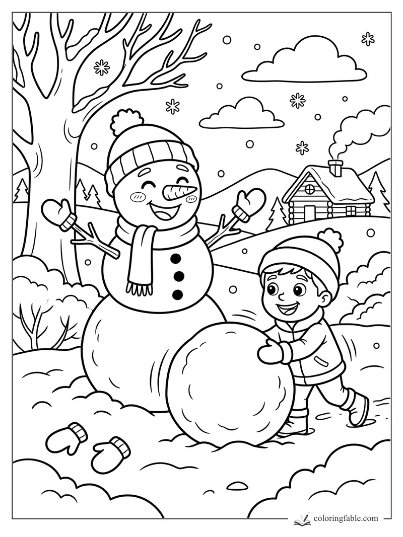 Cartoon snowman and child rolling a giant snowball near a cabin, bare tree, mittens, and falling snow